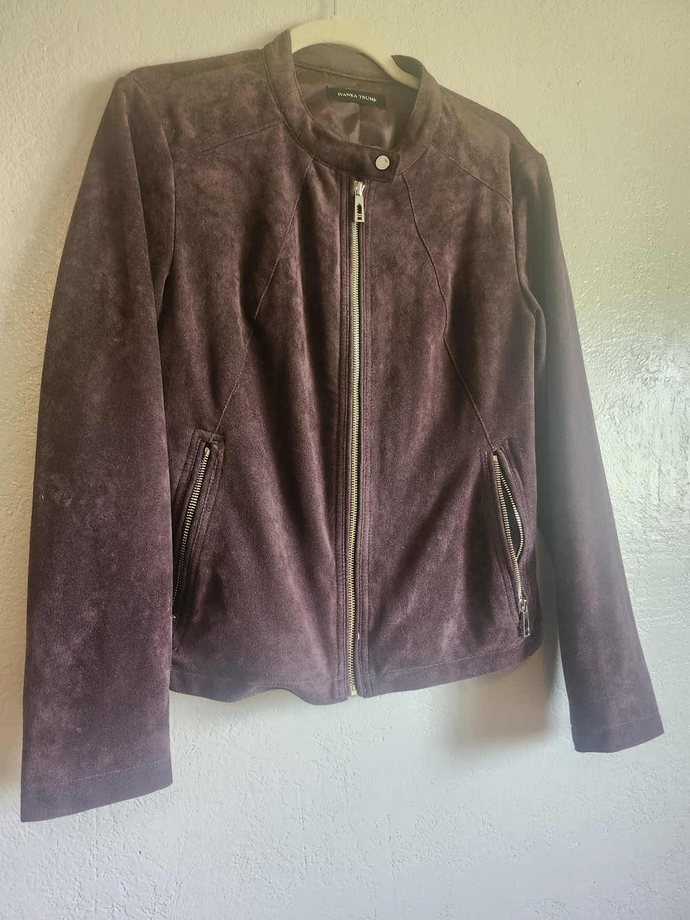 Faux Suede Zip-Front Motorcycle Jacket - Deep Plum W/ Gold Hardware